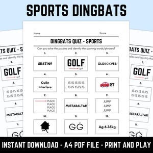 Printable Sports Dingbats Picture Quiz: Downloadable Rebus Puzzles, Pub Quiz Sheets