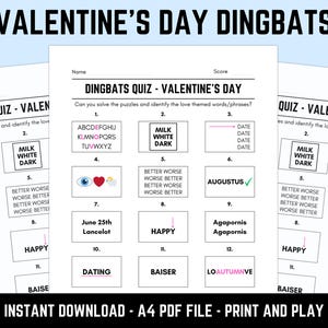 Printable Valentine’s Day Dingbats Picture Quiz: Downloadable Rebus Puzzles, Pub Quiz Sheets