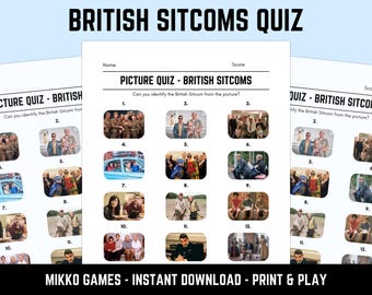 May include: A picture quiz sheet for British sitcoms, featuring images from popular shows. The quiz is designed to test knowledge of British comedy, with spaces for name and score. The title "BRITISH SITCOMS QUIZ" is displayed.