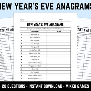 Printable New Year’s Eve Anagrams Quiz With Answers: Fun Word Puzzles, Word Scramble Game, Downloadable Table Quiz, Pub Quiz Sheets
