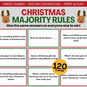 Puede incluir: Un juego de cartas con temática navideña con 120 cartas. Las cartas presentan una variedad de preguntas y sugerencias con temática navideña. El juego está diseñado para que los jugadores respondan a las preguntas e intenten obtener las mismas respuestas que todos los demás para ganar.