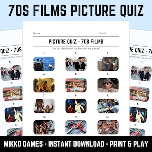 May include: A printable quiz sheet featuring images from 70s films. The quiz is titled "70s Films Picture Quiz" and includes 12 film stills for identification. There is space for the player's name and score. The bottom text reads "Mikko Games - Instant Download - Print & Play".