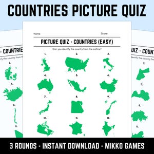 Printable Countries Picture Quiz With Answers: Picture Round Quiz Sheets, Pub Quiz Trivia, Downloadable Table Quiz, Fun Geography Quiz