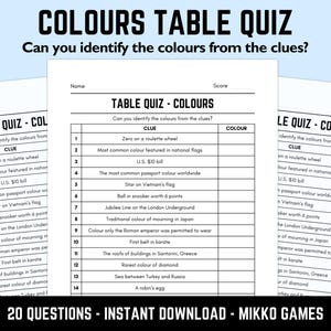 Printable Colours Table Quiz With Answers: Downloadable Pub Quiz Sheets, Trivia Questions, Fun Ready-Made General Knowledge Quiz