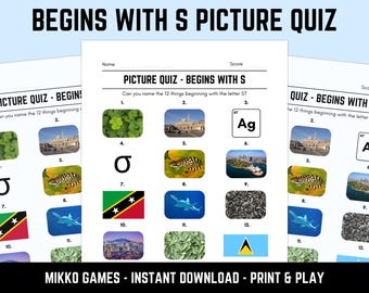 Printable Begins With S Picture Quiz With Answers: Picture Round Quiz Sheets, Pub Quiz Trivia, Downloadable Table Quiz, Fun Ready-Made Quiz