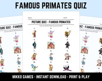 Printable Famous Primates Picture Quiz With Answers: Picture Round Quiz Sheets, Pub Quiz Trivia, Downloadable Table Quiz, Fun Animals Quiz