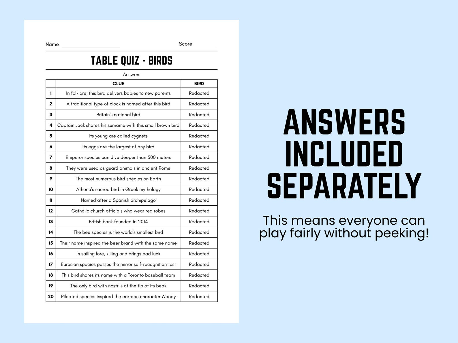 Printable Birds Table Quiz With Answers: Downloadable Pub Quiz Sheets ...
