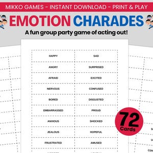 Charadas de emociones: juego de fiesta imprimible / Tarjetas de charadas de emociones descargables, juego grupal divertido para niños y adultos, noche de juegos en familia