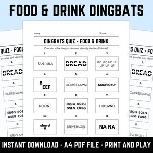 Printable Food and Drink Dingbats Picture Quiz: Downloadable Rebus Puzzles, Pub Quiz Sheets