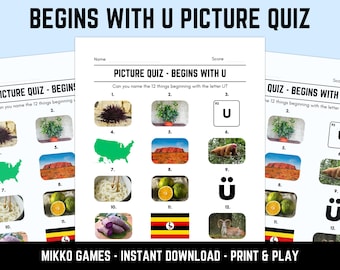 Printable Begins With U Picture Quiz With Answers: Picture Round Quiz Sheets, Pub Quiz Trivia, Downloadable Table Quiz, Fun Ready-Made Quiz