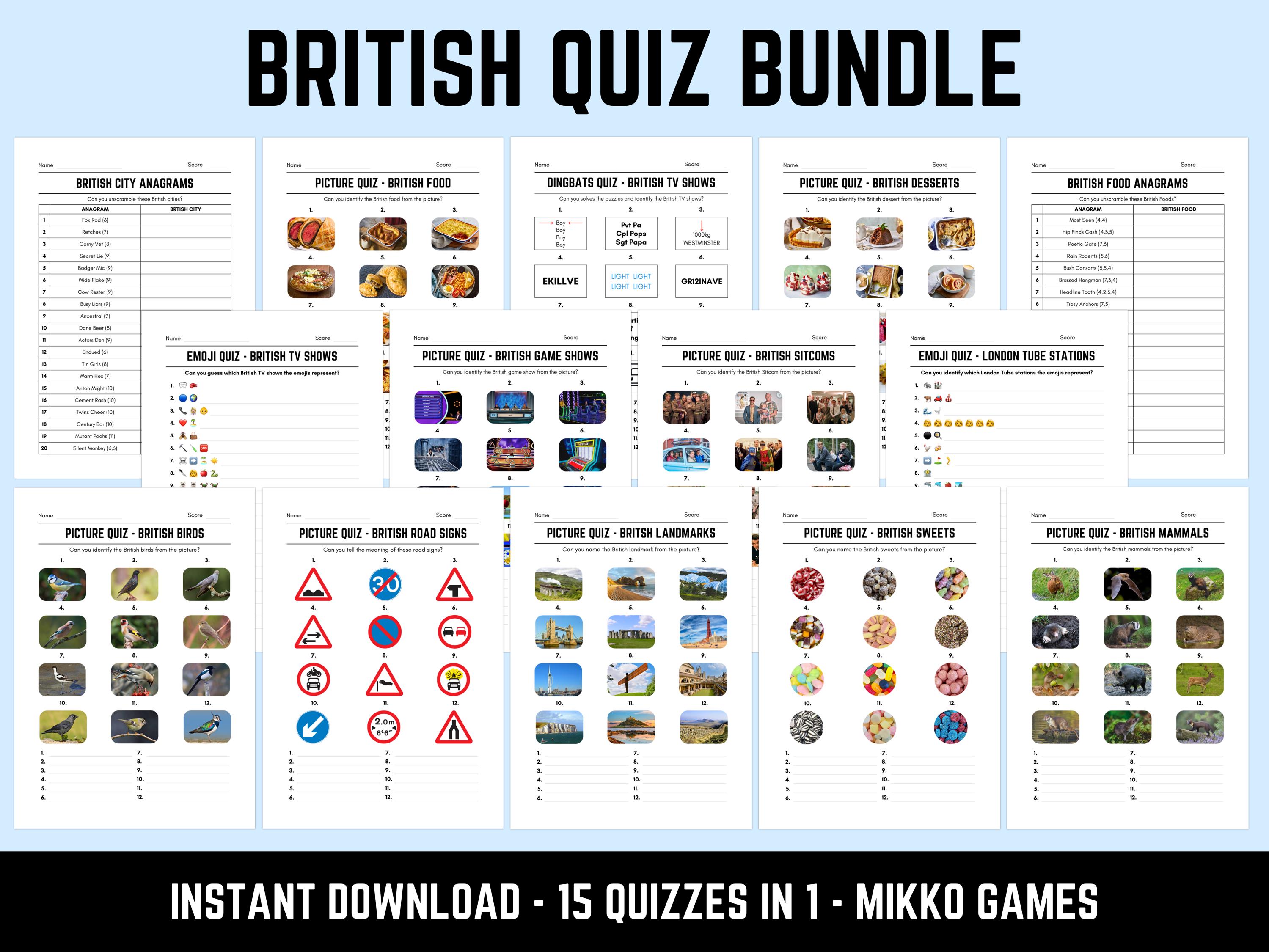 British Quiz Bundle: 15 Printable Quizzes in 1, Picture Round Quiz