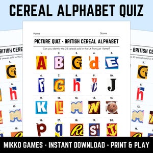 Printable British Cereal Alphabet Picture Quiz With Answers: Food Picture Round Quiz Sheets, Pub Quiz Trivia, Downloadable Table Quiz