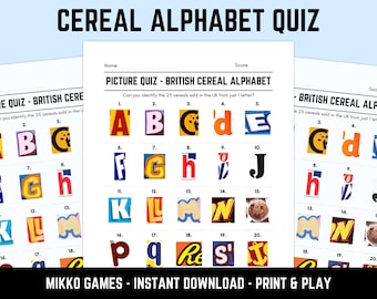 Printable British Cereal Alphabet Picture Quiz With Answers: Food Picture Round Quiz Sheets, Pub Quiz Trivia, Downloadable Table Quiz