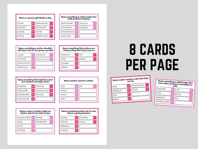 Mothers Day Friendly Feud Cards (8 cards per page)