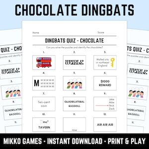 Op de afbeelding: Printbaar "Chocolate Dingbats" quizblad met woordpuzzels en illustraties, waaronder een rode dubbeldekkerbus. De tekst "MIKKO GAMES - INSTANT DOWNLOAD - PRINT & PLAY" is ook zichtbaar.