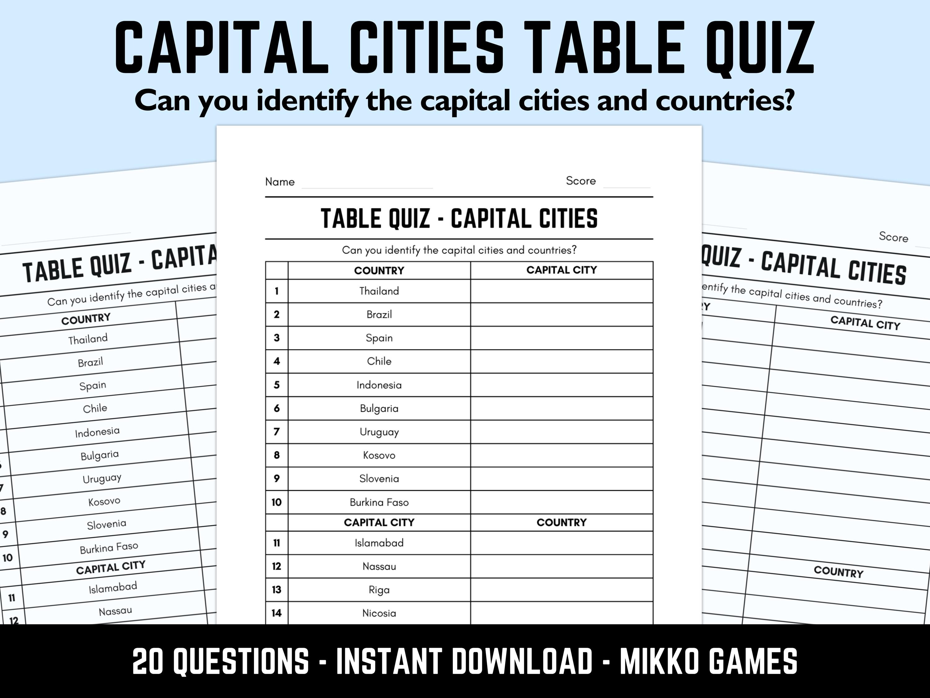 Printable Capital Cities Table Quiz With Answers: Downloadable Pub Quiz ...