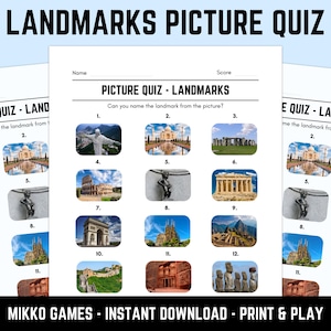 Op de afbeelding: Een afdrukbaar "Landmarks Picture Quiz" spelvel. Het vel bevat een quiz met 12 afbeeldingen van beroemde bezienswaardigheden, waaronder de Taj Mahal en het Colosseum. De tekst "MIKKO GAMES - INSTANT DOWNLOAD - PRINT & PLAY" staat onderaan.