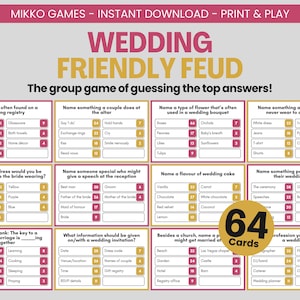 Op de afbeelding: Een printbaar "Wedding Friendly Feud" spel met 64 kaarten. Het spel bevat verschillende categorieën zoals huwelijksgeschenken, cakessmaken en gastenkleding. De kaarten zijn gerangschikt op een lichtgrijze achtergrond met roze en gele tekst.