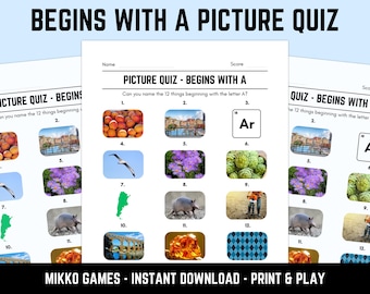 Printable Begins With A Picture Quiz With Answers: Picture Round Quiz Sheets, Pub Quiz Trivia, Downloadable Table Quiz, Fun Ready-Made Quiz