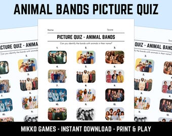 Printable Animal Bands Picture Quiz With Answers: Picture Round Quiz Sheets, Pub Quiz Trivia, Downloadable Table Quiz, Fun Music Quiz