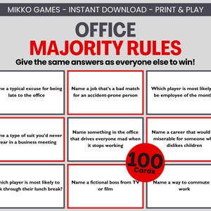 Puede incluir: Un juego de cartas imprimible Office Majority Rules. El juego incluye 100 cartas con preguntas como "Nombra una excusa típica para llegar tarde a la oficina". El título del juego es rojo y las cartas están en formato de cuadrícula.