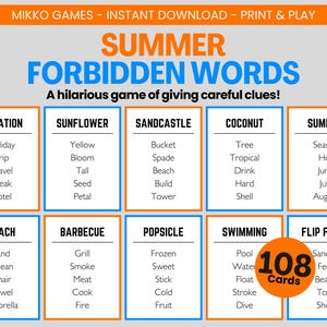 Summer Forbidden Words – Printable Party Game | Downloadable Taboo Game Cards, Fun Group Team Game for Adults & Kids, Family Game Night