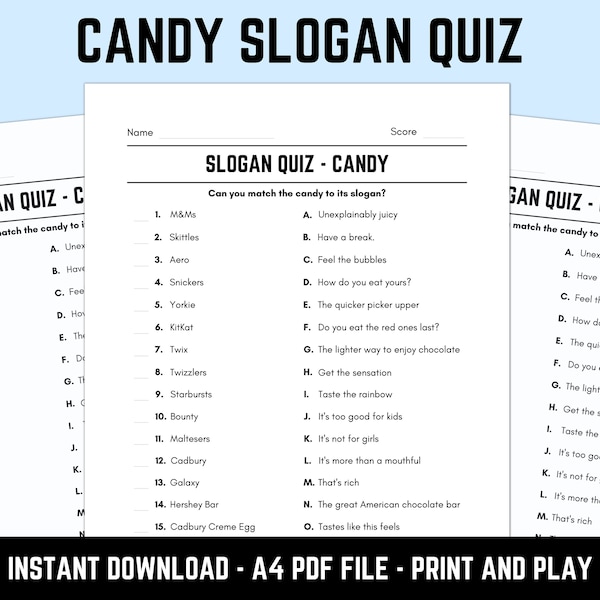 Printable Candy Slogan Match Up Quiz With Answers