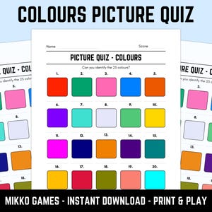 Printable Colours Picture Quiz With Answers: Picture Round Quiz Sheets, Pub Quiz Trivia, Downloadable Table Quiz, Fun General Knowledge Quiz
