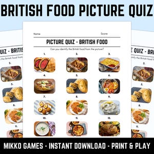 Pode incluir: Um questionário de imagens de comida britânica imprimível com 12 imagens de vários pratos. O questionário inclui o título "BRITISH FOOD PICTURE QUIZ" e o texto "Consegue identificar a comida britânica da imagem?" A parte inferior da imagem diz "MIKKO GAMES - INSTANT DOWNLOAD - PRINT & PLAY."