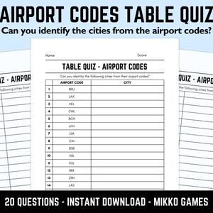 Printable Airport Codes Table Quiz With Answers: Downloadable Pub Quiz Sheets, Trivia Questions, Fun Ready-Made Geography Quiz