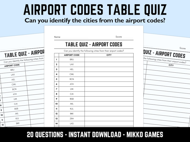 Printable Airport Codes Table Quiz With Answers: Downloadable Pub Quiz