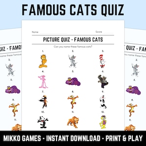 Printable Famous Cats Picture Quiz With Answers: Picture Round Quiz Sheets, Pub Quiz Trivia, Downloadable Table Quiz, Fun Animals Quiz