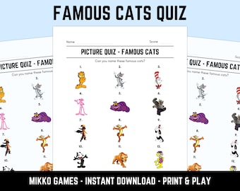 Printable Famous Cats Picture Quiz With Answers: Picture Round Quiz Sheets, Pub Quiz Trivia, Downloadable Table Quiz, Fun Animals Quiz
