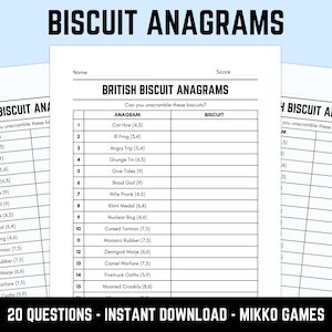 Pode incluir: Uma folha de jogo imprimível intitulada BRITISH BISCUIT ANAGRAMS com uma tabela de 15 linhas numeradas. Cada linha contém um anagrama e um espaço em branco para o nome do biscoito. O cabeçalho inclui campos para Nome e Pontuação, 20 perguntas.