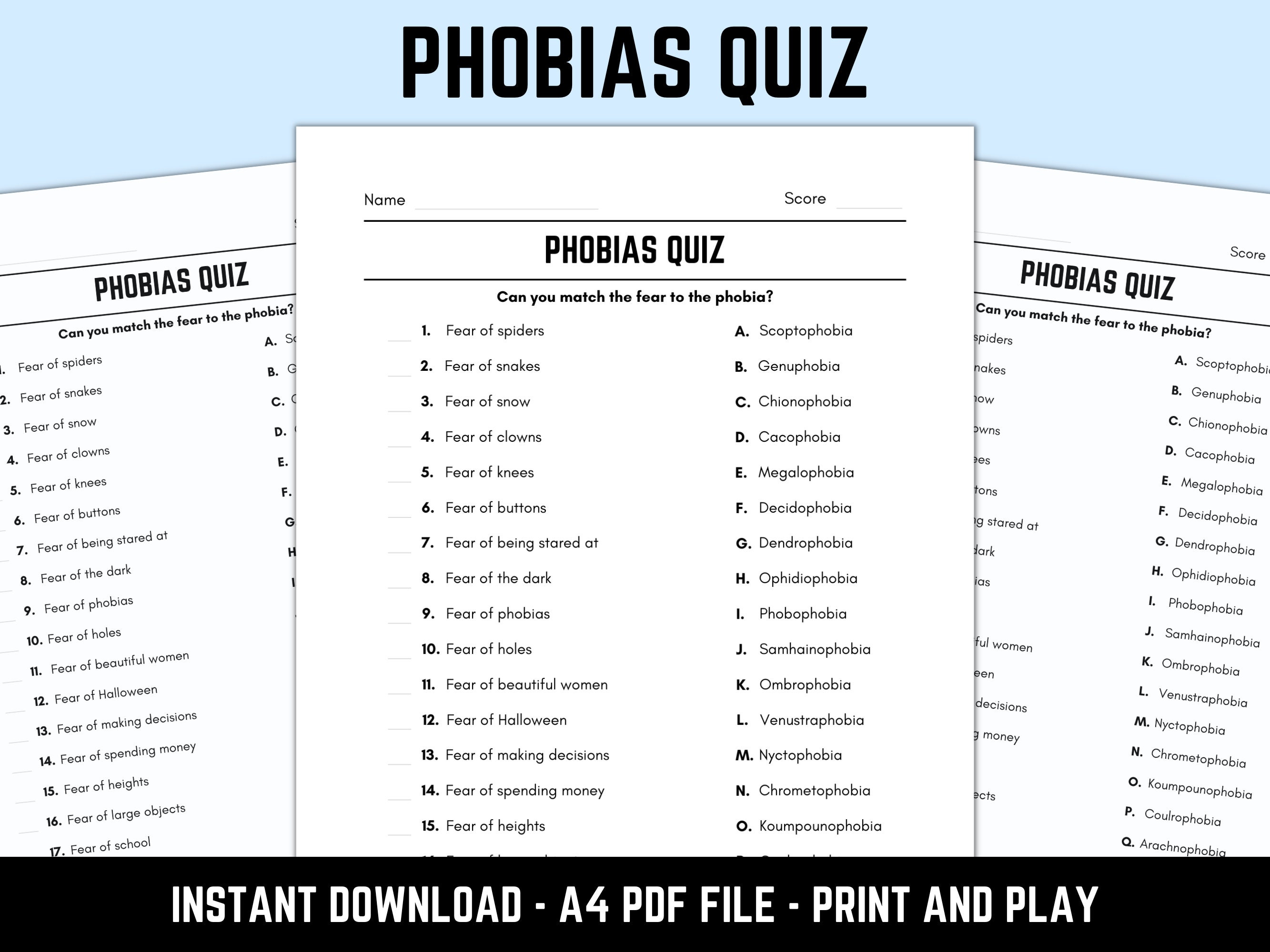 Printable Phobias Match up Quiz With Answers - Etsy