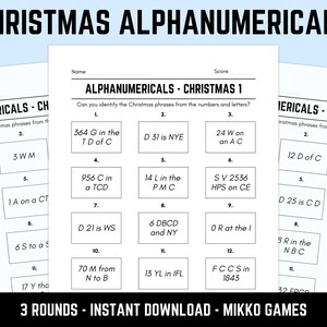 Printable Christmas Alphanumericals Picture Quiz With Answers: Xmas Picture Round Quiz Sheets, Pub Quiz Trivia, Downloadable Table Quiz