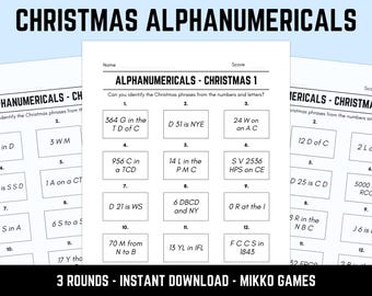 Printable Christmas Alphanumericals Picture Quiz With Answers: Xmas Picture Round Quiz Sheets, Pub Quiz Trivia, Downloadable Table Quiz