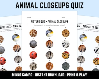 Printable Animal Closeups Picture Quiz With Answers: Picture Round Quiz Sheets, Pub Quiz Trivia, Downloadable Table Quiz, Fun Nature Quiz
