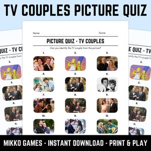 Pode incluir: Uma folha de jogo imprimível "TV COUPLES PICTURE QUIZ" com 12 imagens de casais de TV. O questionário inclui o texto "TV COUPLES PICTURE QUIZ" e "MIKKO GAMES - INSTANT DOWNLOAD - PRINT & PLAY".