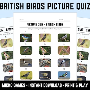 Printable British Birds Picture Quiz With Answers: Picture Round Quiz Sheets, Pub Quiz Trivia, Downloadable Table Quiz, Fun Nature Quiz