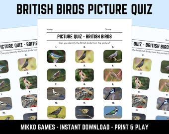 Printable British Birds Picture Quiz With Answers: Picture Round Quiz Sheets, Pub Quiz Trivia, Downloadable Table Quiz, Fun Nature Quiz