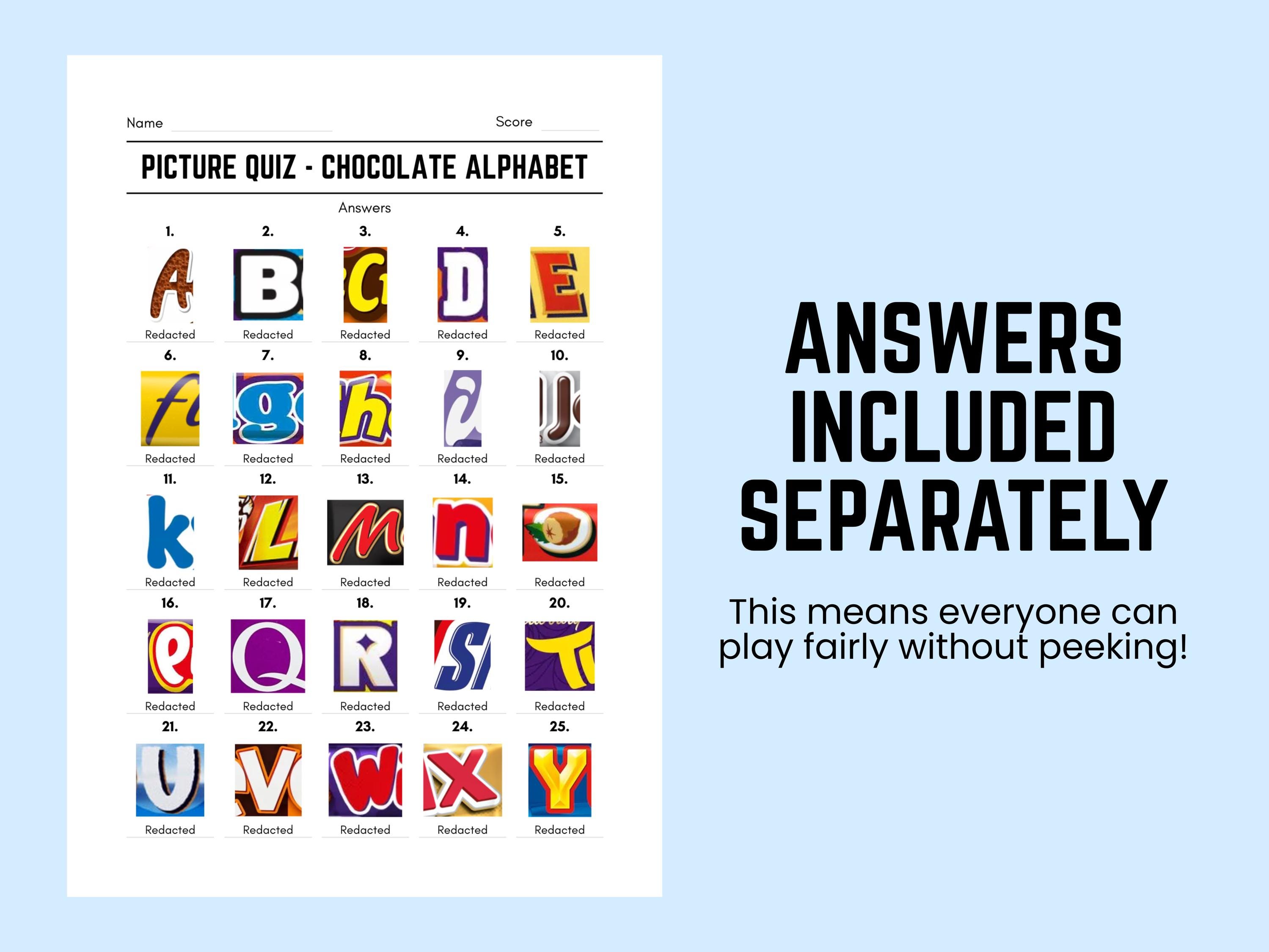 Printable Chocolate Alphabet Picture Quiz With Answers: Picture Round ...