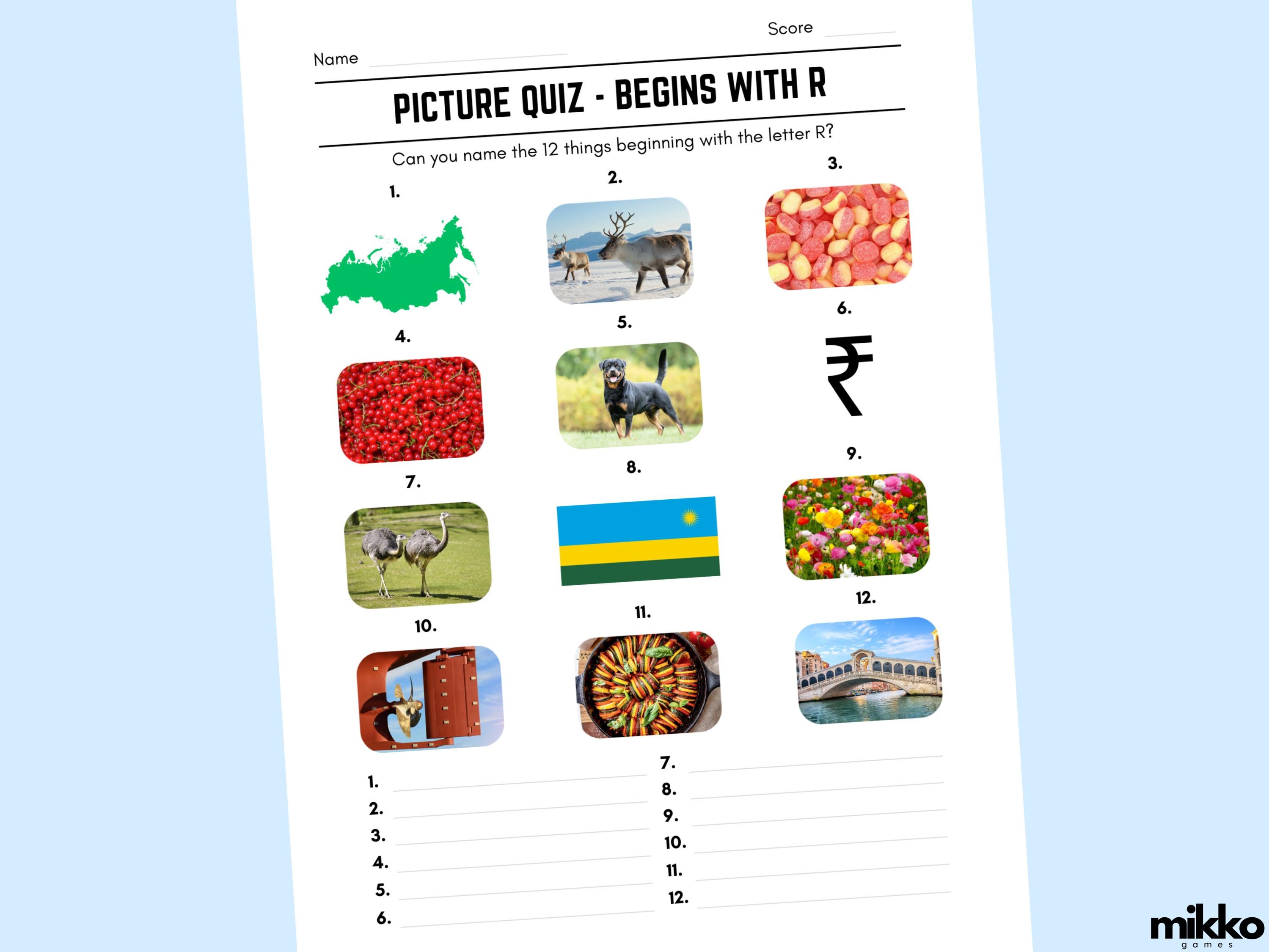 Letter R Quiz Printable Begins With R Picture Quiz With Answers | Picture Round Quiz ...