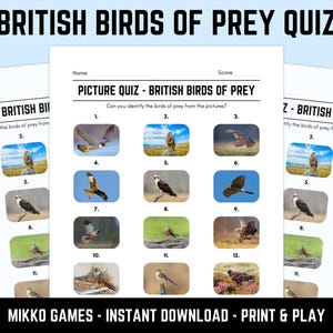 May include: A quiz sheet featuring images of British birds of prey, designed for identification. The title reads "British Birds of Prey Quiz". The sheet includes numbered images, a space for a name and score, and the text "MIKKO GAMES - INSTANT DOWNLOAD - PRINT & PLAY".