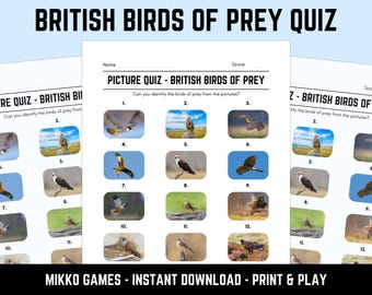 Printable British Birds of Prey Picture Quiz With Answers: Picture Round Quiz Sheets, Pub Quiz Trivia, Downloadable Table Quiz, Nature Quiz