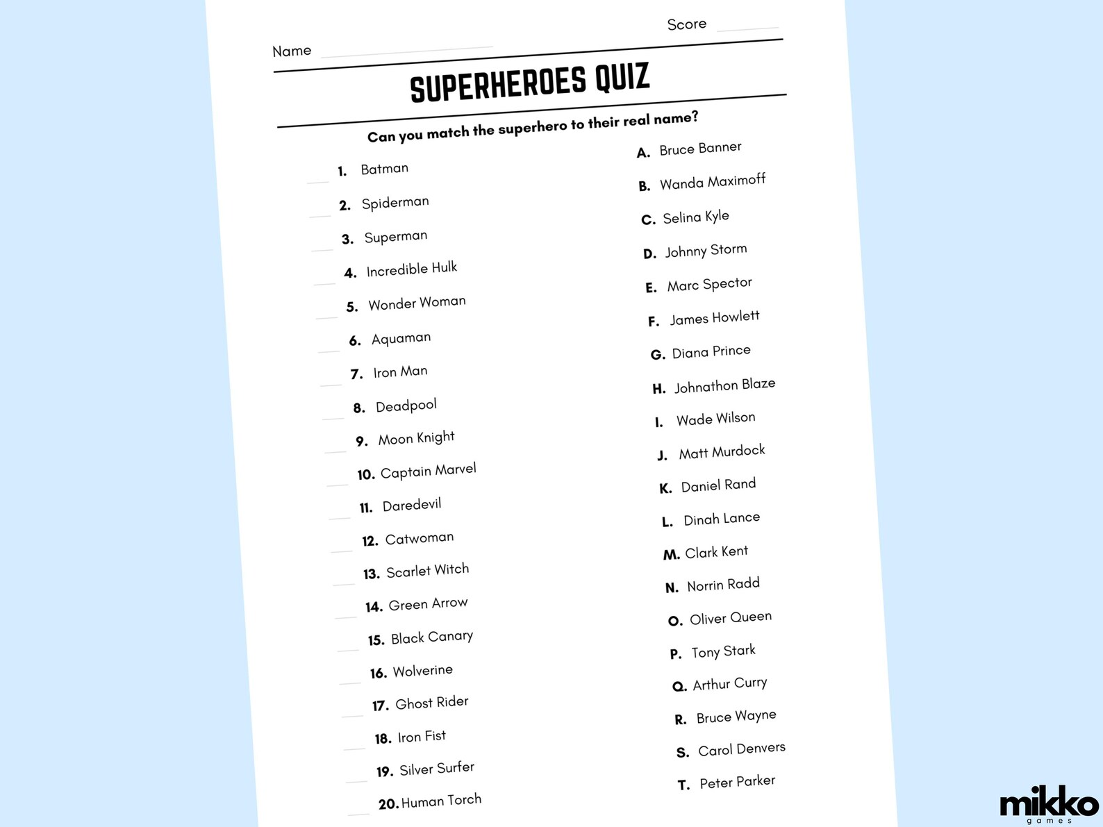 Printable Superheroes Match up Quiz With Answers | Picture Round Quiz ...