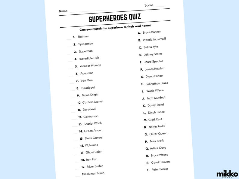 Printable Superheroes Match Up Quiz Downloadable Table Quiz Pub Quiz 