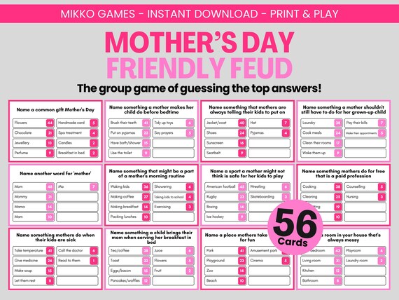 Mother’s Day Friendly Feud: Printable Large Group Party Game for Kids & Adults, Family Feud Trivia Questions and Cards for Mums
