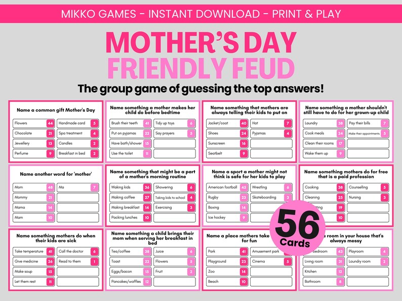 Mothers Day Friendly Feud – Printable Party Game, Downloadable Family Feud Trivia Questions for Moms, Kids & Adults, Fun Group Game, 56 Questions, Instant Download, Print and Play