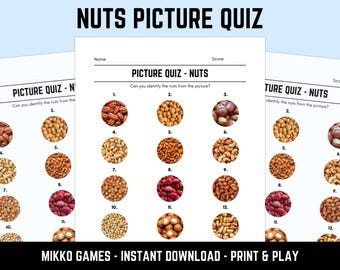 Printable Nuts Picture Quiz With Answers: Picture Round Quiz Sheets, Pub Quiz Trivia, Downloadable Table Quiz, Fun Food Quiz